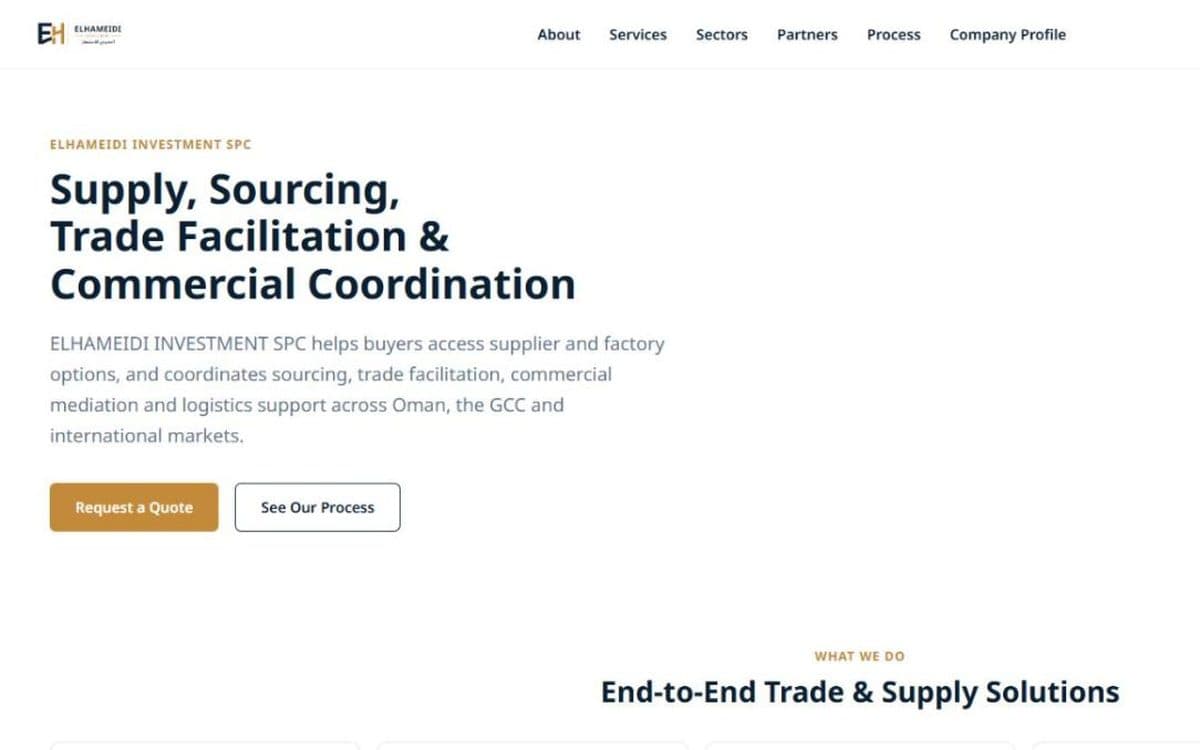 ELHAMEIDI Investment — Bilingual website for an Oman-based supply and trade facilitation company, with a company profile and quote requests.